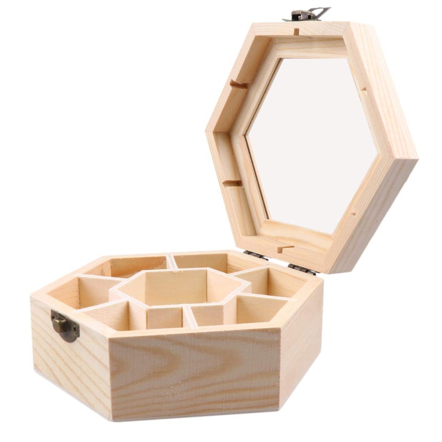 Picture of: Artibetter Unfinished Wooden Jewellery Box Hexagon DIY Jewellery Storage  Box Empty Keepsake Organiser  Compartments Clear Top Craft Gift Box with