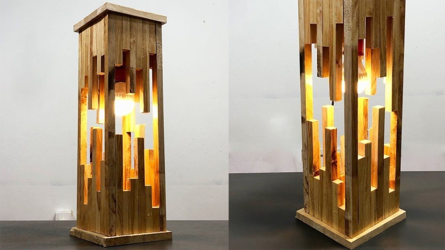Picture of: Make a modern wood lamp from pallets – creativity crafts idea  Wood lamp  design, Wooden lamps design, Wood lamps